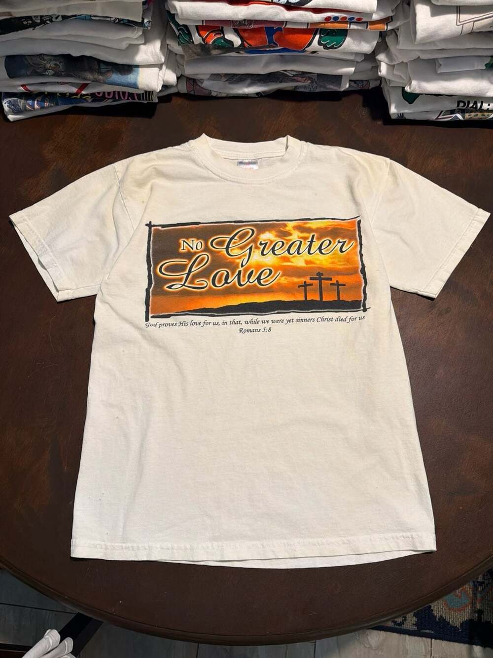Vintage 90s Jerzees No Greater Love Christian Tee Romans Cross Graphic White L